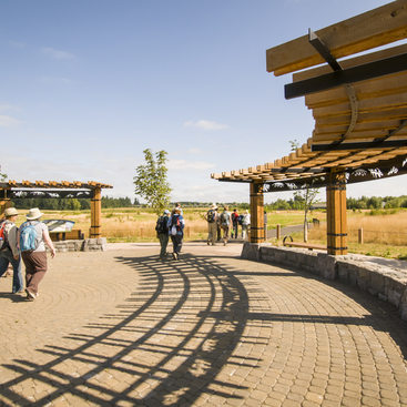 photo of Graham Oaks plaza and people