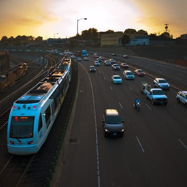 MAX and traffic on Interstate 84 in Portland