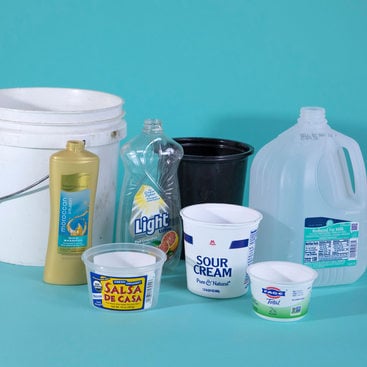 several examples of plastic bottles and containers that can be recycled at home