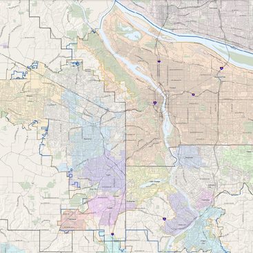 A detailed graphic map of greater Portland showing Metro's jurisdictional boundary outlined in yellow