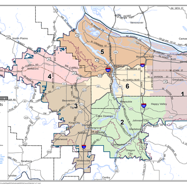 Map of the greater Portland metro area with Metro Council districts 1-6 shown in different colors
