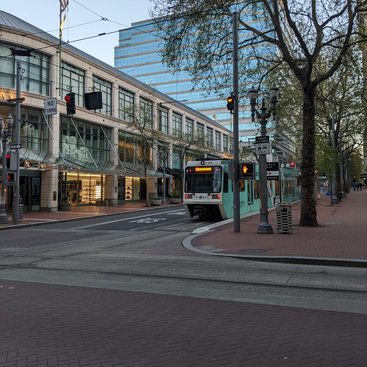 MAX light rail train on an empty street in downtown Portland, with bare-leaved trees and city buildings in the background