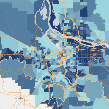 A multi-shaded graphic representation of greater Portland from the interface of Metro's Social Vulnerability Explorer mapping tool.