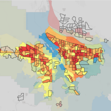 Simplified color-shaded graphic of greater Portland region, showing areas most impacted by urban heat islands in red and areas less affected in shades of orange and yellow.