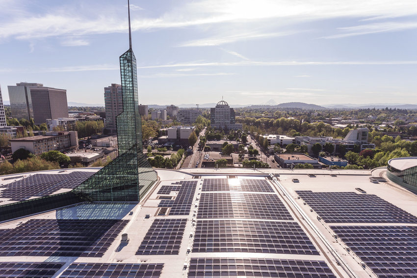 Aerial photo of solar array on the rooftop of the Oregon Convention Center