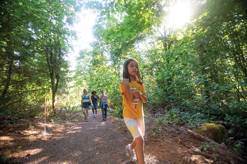 A young child walks ahead of three adults along a shady trail with light coming through the leaves.