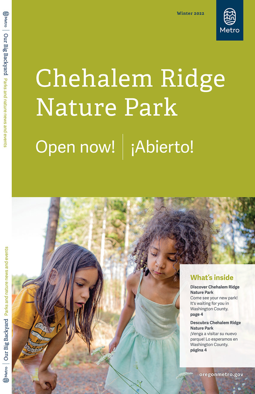 The cover of the winter edition of Our Big Backyard. The headline reads "Chehalem Ridge Nature Park open now." on the bottom half of the cover, two young children look at a bug on a flower.