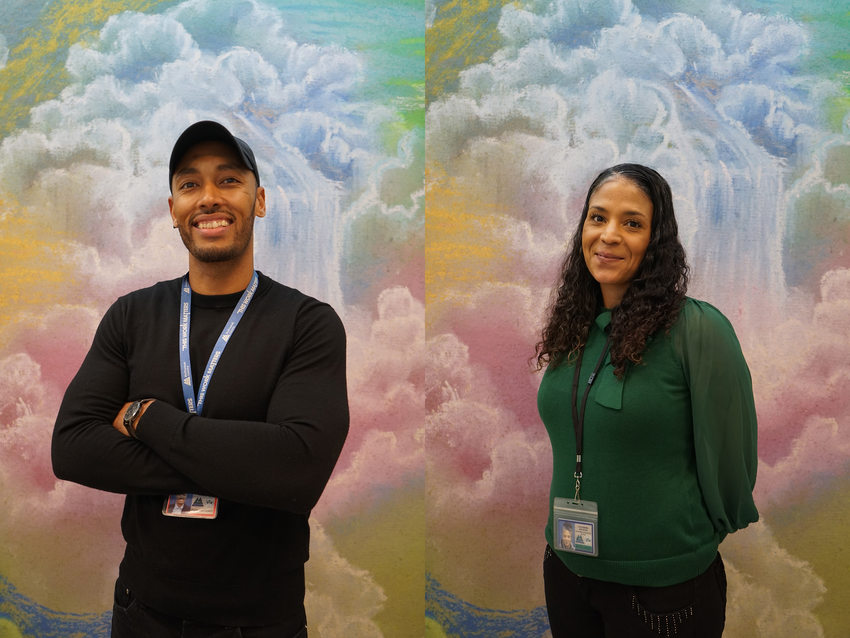 Two portraits side by side: on left a Black man in longsleeved black shirt, smiling with arms folded. On right, a Black woman with curly hair and a green blouse, smiling with arms behind her back. 