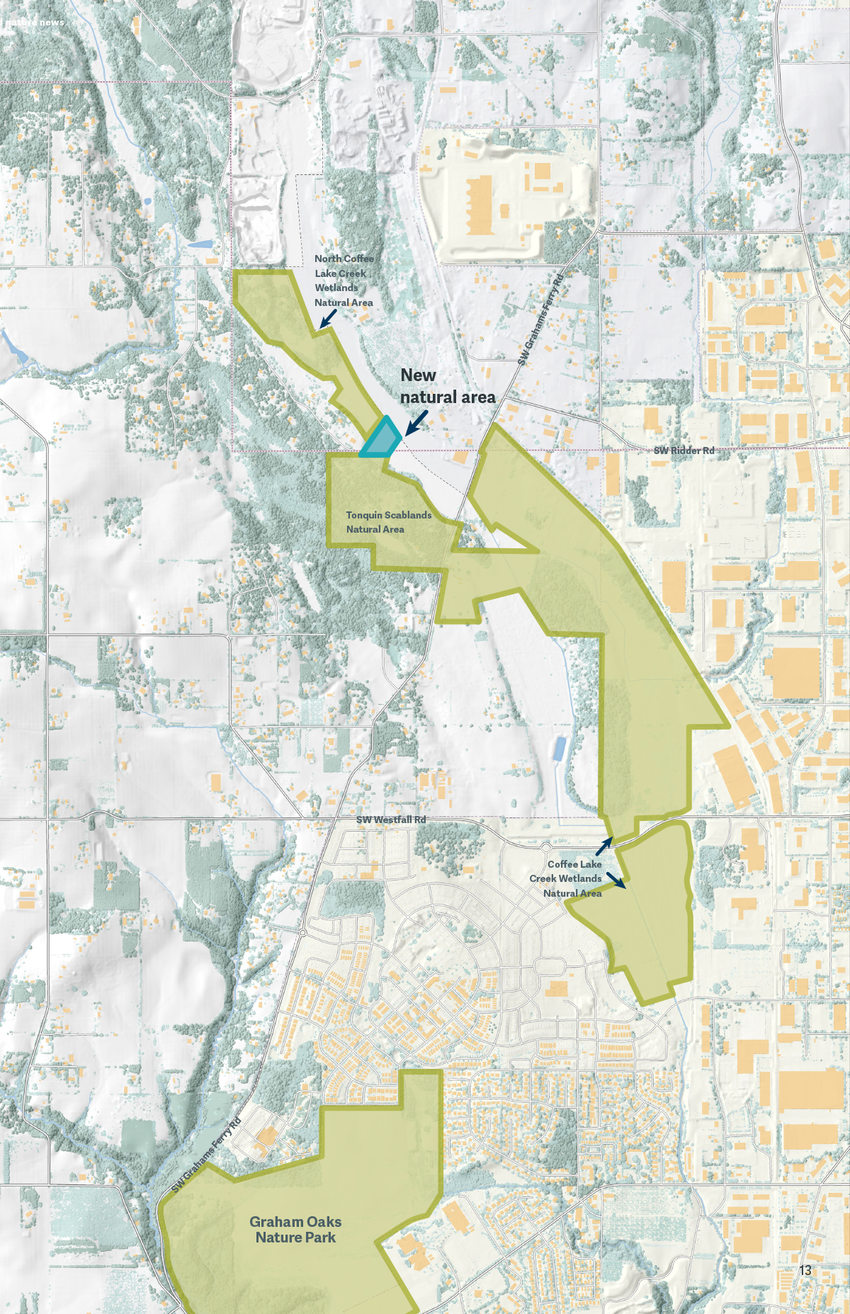 A map of Coffee Lake Creek Wetlands Natural Area, Tonquin Scablands Natural Area, Coffee Lake Creek Wetlands Natural Area and the new Metro property that connects the three.