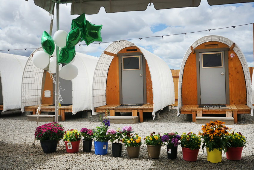 Row of small structures with curved white roofs and wood frames, with row of potted flowers in foreground