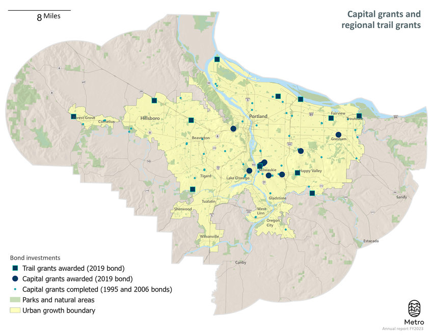A map of the Portland region showing where Metro capital and trails grants have been awarded. 12 trails grants have been awarded and eight capital grants have been awarded across the region. The map also shows several dozen past capital grants projects.
