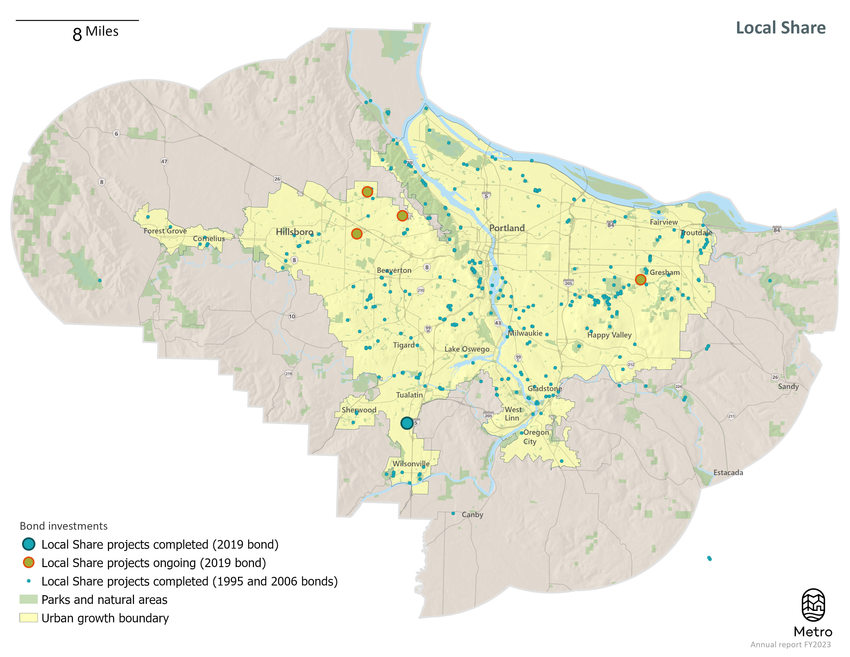 A map showing Metro's Local Share program projects. Dozens of small dots that represent projects are scattered across the region. Five large dots show projects funded by the 2019 parks and nature bond. One has been completed.