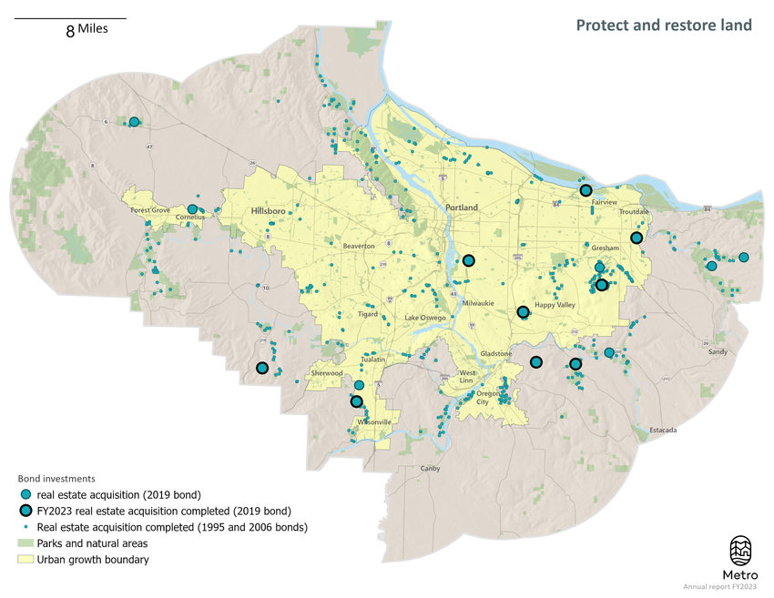 A map showing Metro's land purchases since 1995. Dozens and dozens of dots are scattered across the region. Just under 20 of the dots are large and represent purchases made with the 2019 parks and nature bond, including nine in fiscal year 2022-23.