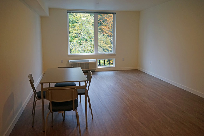 Living room with large picture window, hard wood floors and dining table.