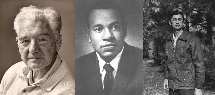 Strip of three portraits: studio portrait of an older white man, studio portrait of a young Black man, and a portrait of a middle-aged white man in front of trees.