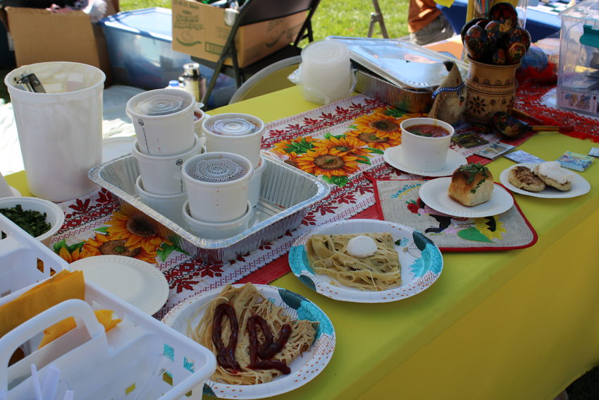 Homemade food on a colorful table cloth 