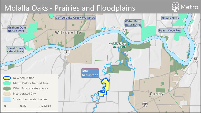 map showing location of new acquistion, south of Molalla Nature Park and hugging the eastern side of the Pudding River