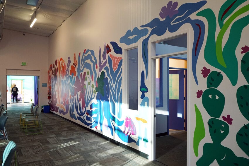 Mural in an office space depicting animal and plant life in a rainbow sequence, with a graphic style.