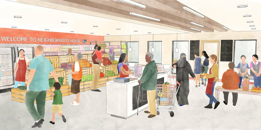 Rendering of people shopping at the future Food Market at Neighborhood House