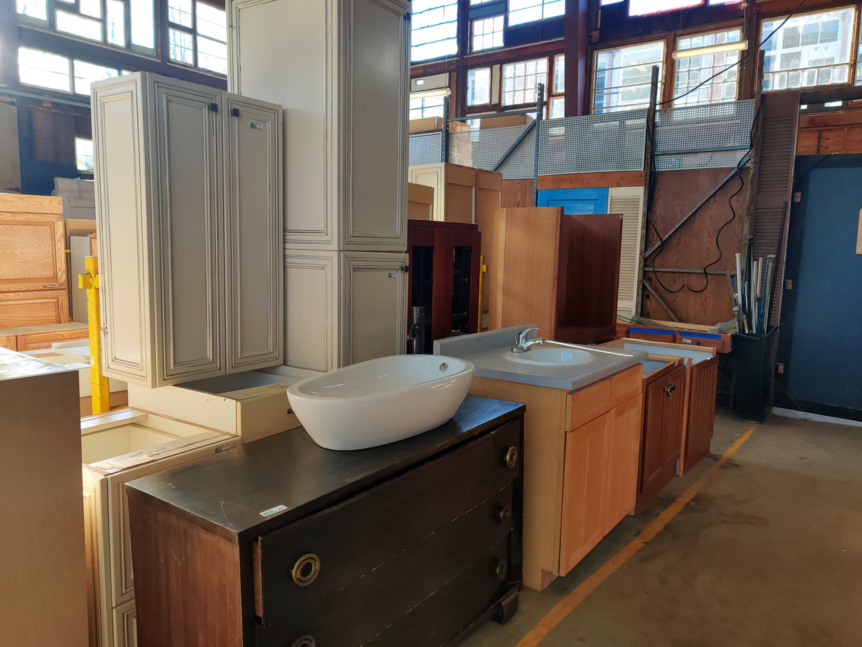 An image of bathroom sink cabinets at the Rebuilding Center