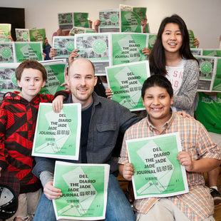Students and a teacher at Harrison Park Elementary with the Jade Journal