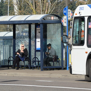 Waiting for a bus near Bridgeport Village