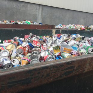 photo of aluminum cans in recycling bin