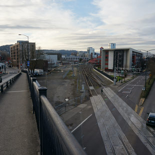 Downtown Portland bridge, railroad, road, MAX, car