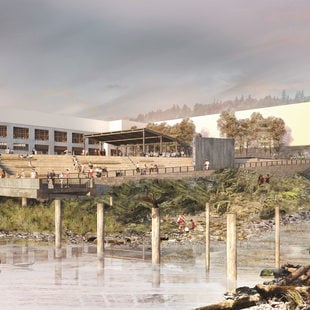 rendering of the Willamette Falls site showing the public yard gathering place and a restored alcove
