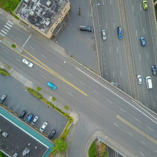 Aerial shot of road, bridge 