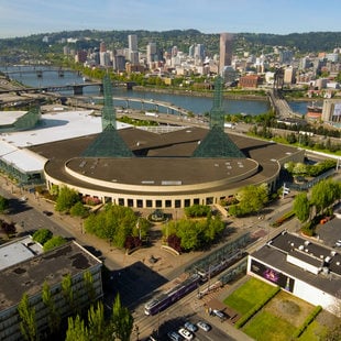 An aerial view of the Oregon Convention Center