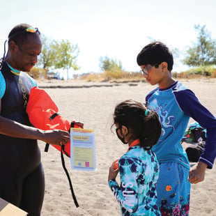 A swimming instructor shows two young children how to use a life vest 