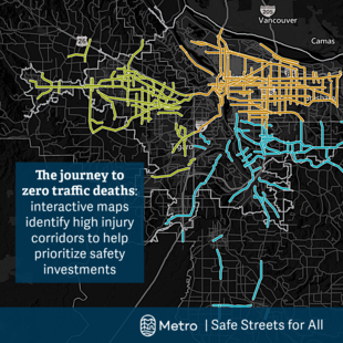 A map created by Metro's Safe Streets for All project team highlighting the high injury corridors interactive tool which helps prioritize safety investments