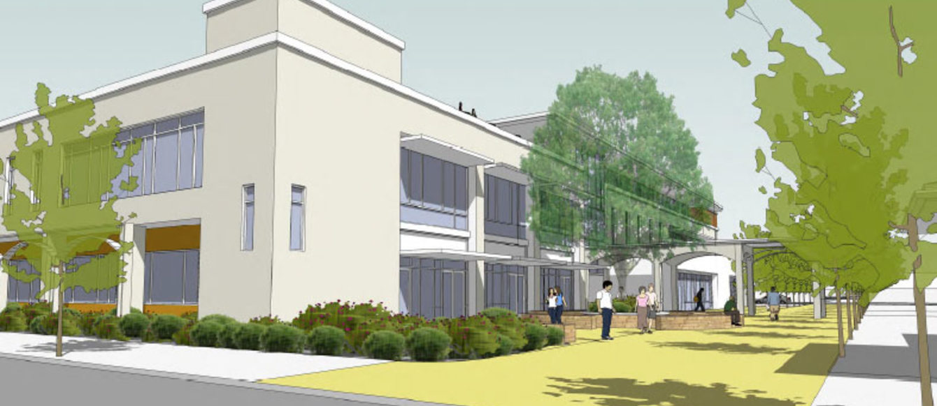 a rendering of the new green walkway through new medical buildings