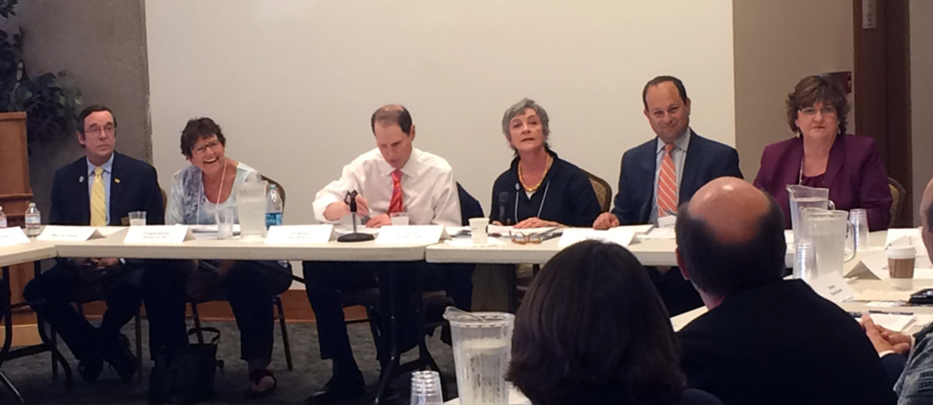 Supporters of the Willamette Falls Legacy Project meet on Aug. 27, 2015. From left, Oregon City Mayor Dan Holladay, former Rep. Darlene Hooley, Sen. Ron Wyden, Metro Councilor Carlotta Collette, Noah Siegel and Clackamas County Commissioner Tootie Smith.