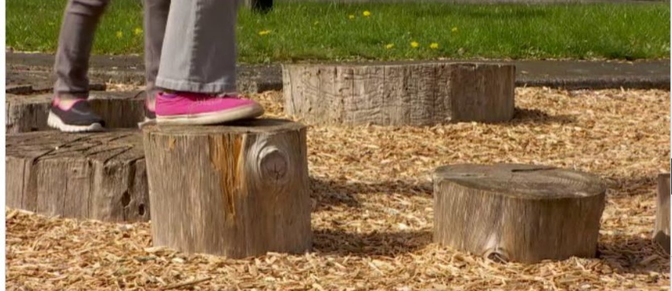 children's feet playing on wooden stumps in play area