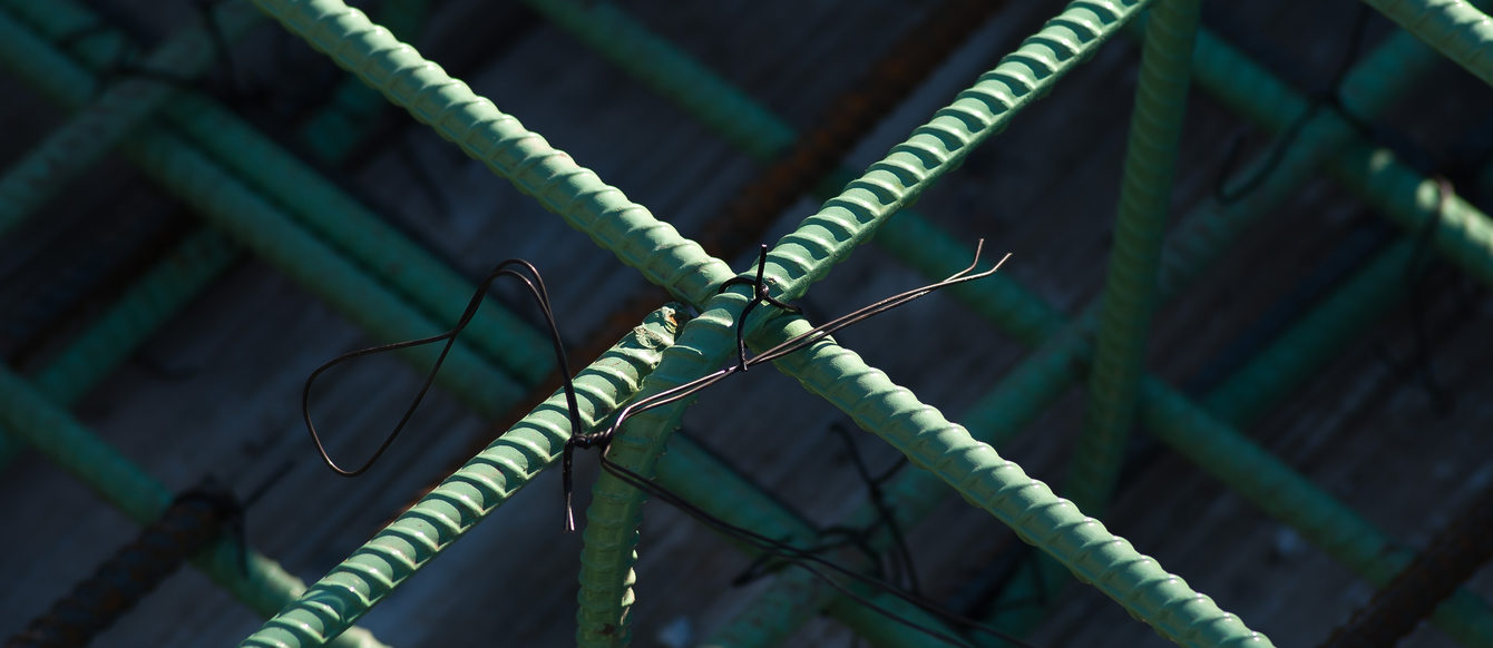 Rebar linked up at construction site pano