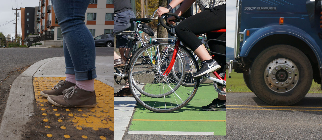 photo of pedestrian's feet in crosswalk, bicycle wheel, and front wheel of a truck