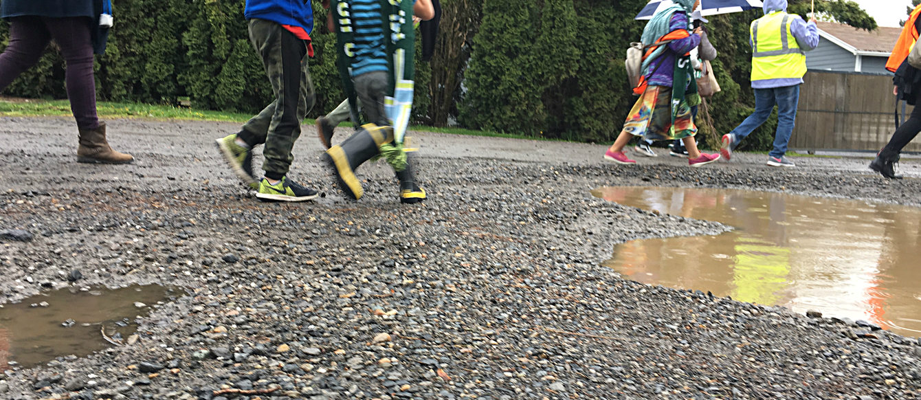 Schoolkids on an unpaved street 