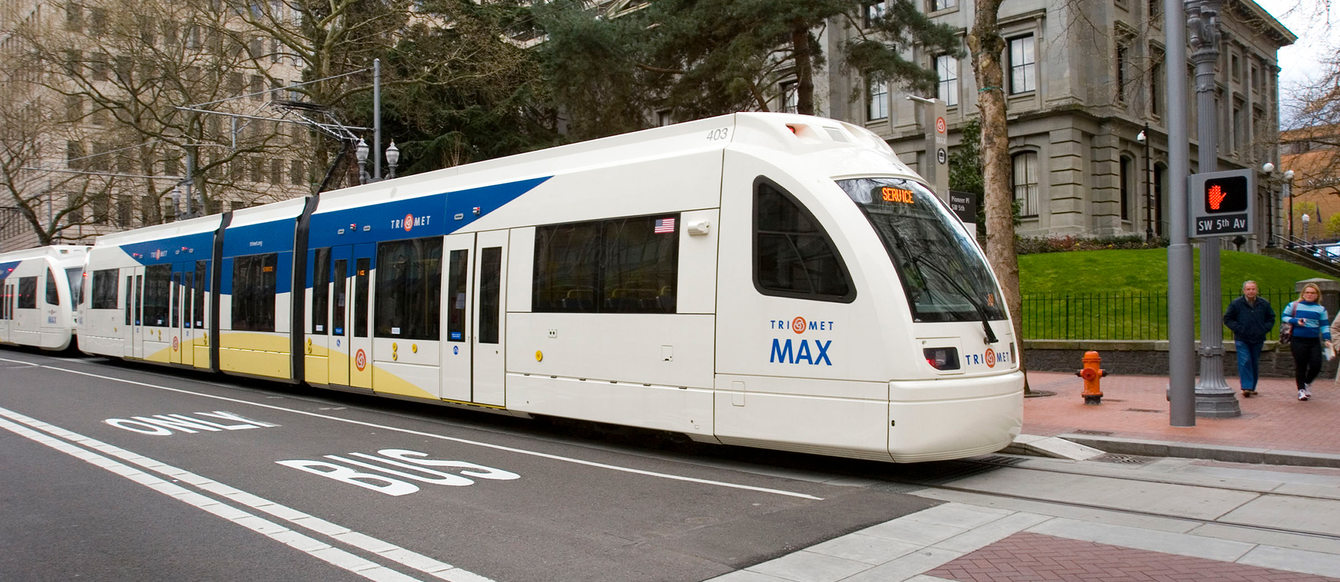 A MAX train on SW 5th Avenue in downtown Portland