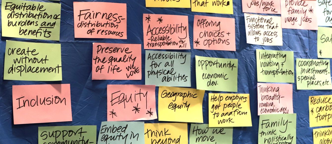 Photo of stickies from a group exercise about values and desired outcomes related to transportation investments.