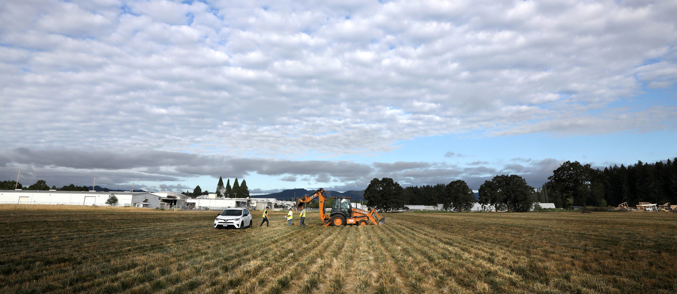 A wide open field with oak trees and an industrurail warehouse at the far end of it.