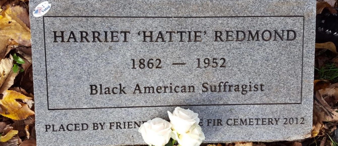 Hattie Redmond's headstone at Lone Fir Cemetery. The original headstone was lost. This headstone was place by Friends of Lone Fir Cemetery to honor Hattie on the 100th anniversary of Oregon women winning the right to vote.