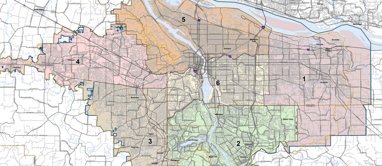Map image of the 6 Metro Council districts prior to the 2020 Census adjustments