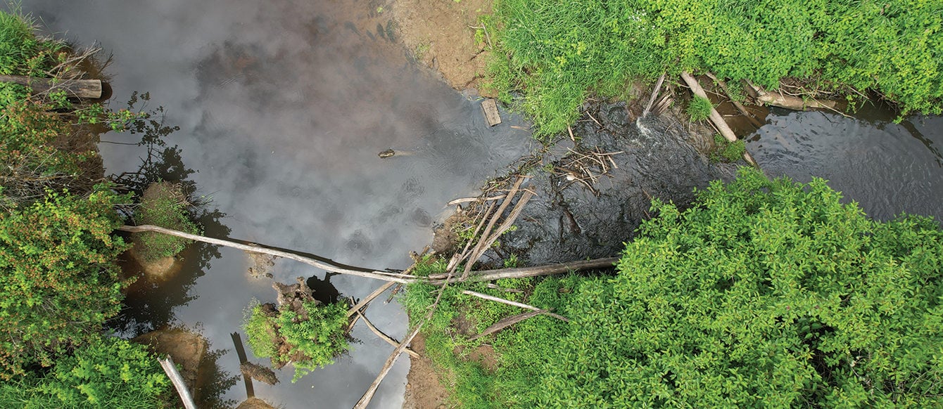 A drone photograph shows a pool of water flowing through a broken beaver dam into a small creek.