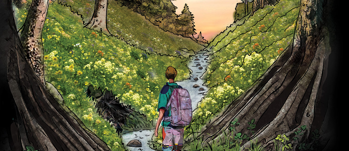 An illustration of a person hiking in a forest, stopping while crossing a small creek to look up toward a sunset.