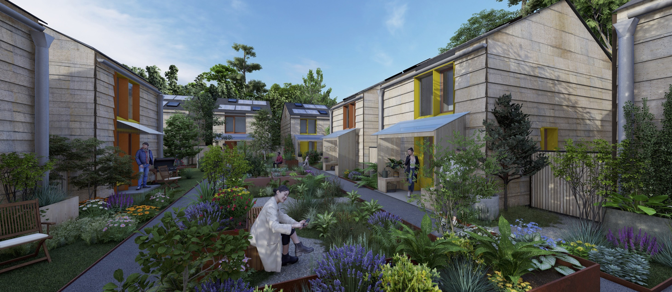 Architectural rendering of a residential development consisting of two-story homes around a courtyard with a garden.