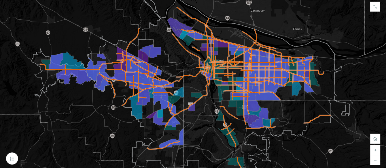 A map that highlights the top 25 high injury corridors and a layer that shows the equity focus areas, or places in the region with higher concentrations of people of color, people with lower income and people with limited English proficiency