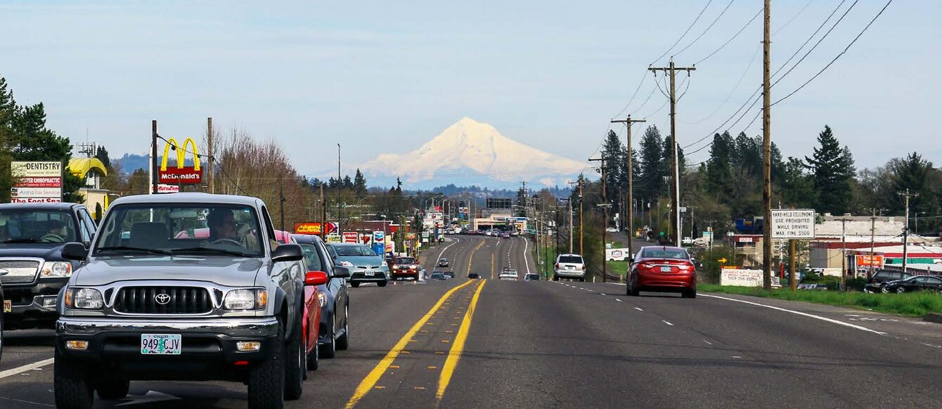 A view of TV Highway traffic with Mt Hood in the background
