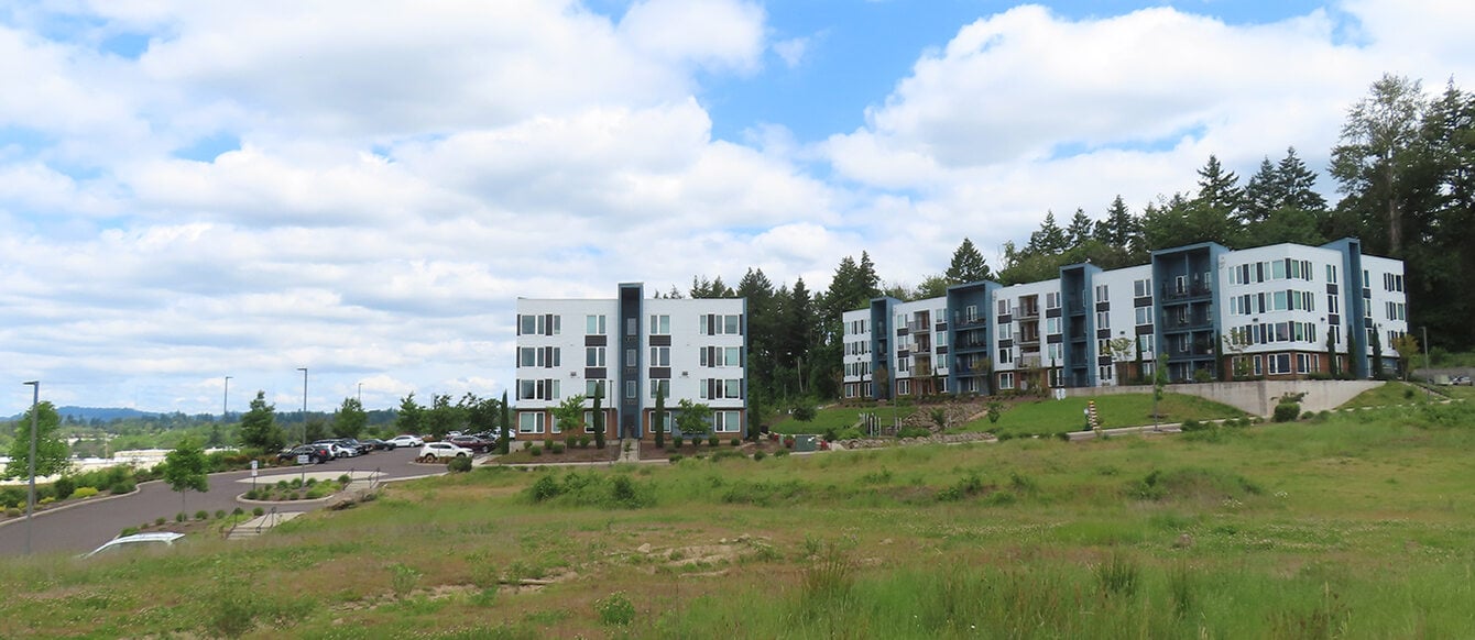 A green field extends toward a housing complex under a blue, cloud-filled sky.